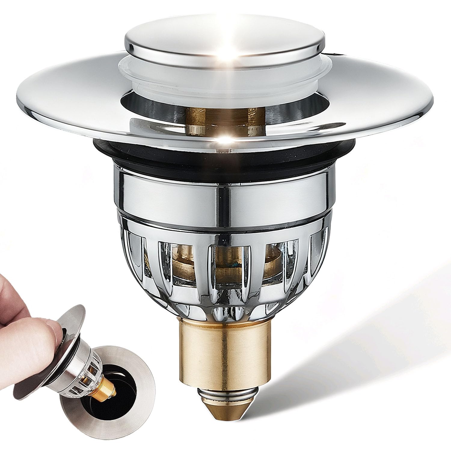 Dekukar Bathroom Basin Plug, Stainless Steel Sink Plugs Bathroom Plug Pop Up Plugs for Wash Basin, Push-Type Sink Plug Replacement Bath Drainer Filter Plug with Bounce Core for 34-40mm Drain Hole