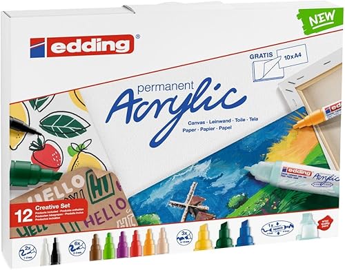 Miniatura 2 de Edding Creative Set - Bolígrafos acrílicos (finos, medianos, anchos), impermeables, incluye almohadilla de arte, 12 marcadores de pintura básicos