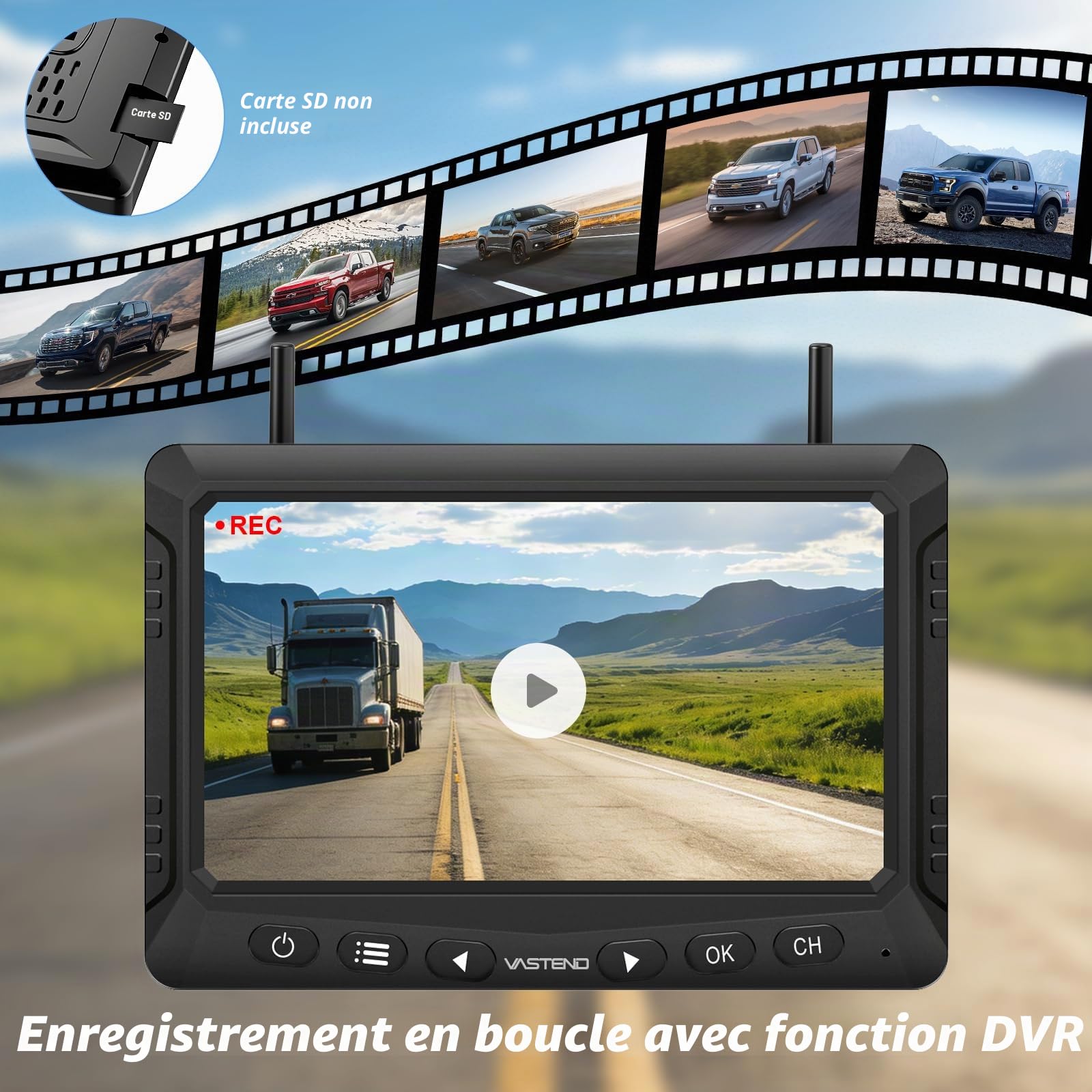 Caméra de Recul sans Fil Solaire avec Écran 7", Système de Recul Numérique HD 1080P, Batterie 10000mAh & Support Magnétique, Étanche IP69K pour Camping-Car, Camion, Remorque(VS-7F)