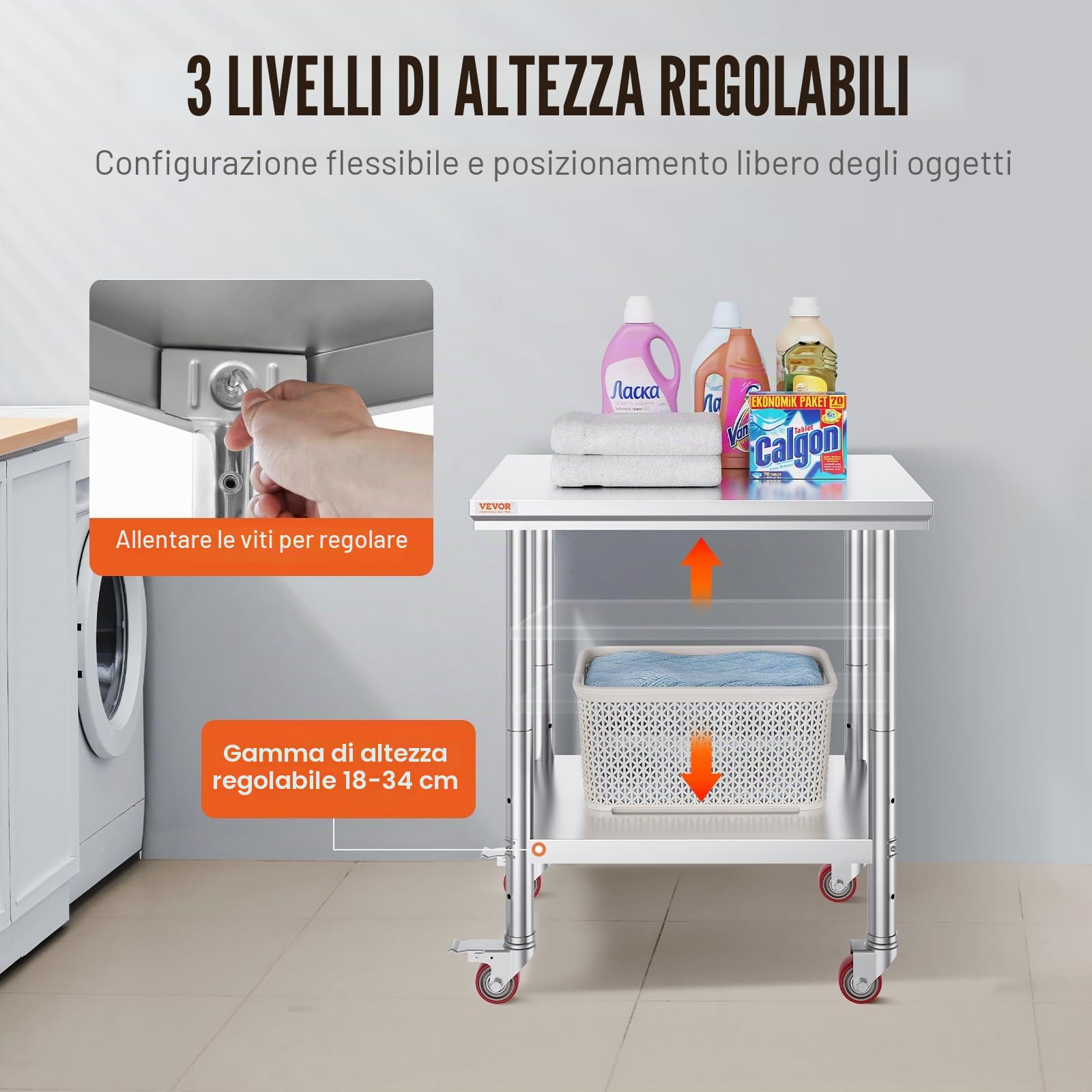 VEVOR Tavolo da Lavoro in Acciaio Inossidabile 76 x 60 x 85 cm, con 4 ruote, banco da lavoro commerciale per la preparazione degli alimenti con ripiano flessibile di regolazione per tavolo da cucina