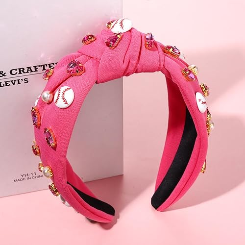 Miniatura 62 de Diadema anudada de béisbol para mujer, con dije de béisbol de cristal brillante, diadema con nudo superior para el día del juego, accesorios