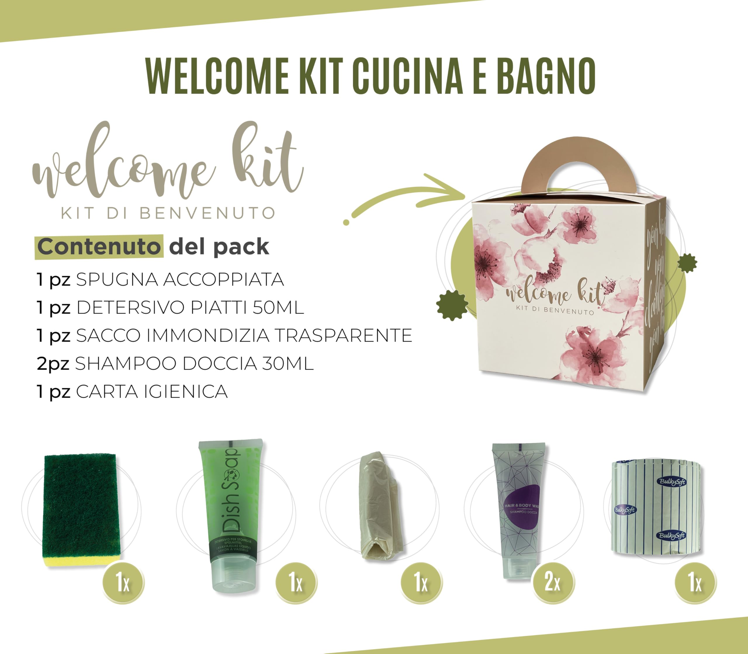 PRESENT-MORE - Kit Camping 12 Pièces - Kit Camping Cuisine et Salle de Bain en Boîte - Contenu : Éponge, Liquide Vaisselle, Sac, 2en1 et Papier Toilette - Made in Italy - Idéal pour Camping