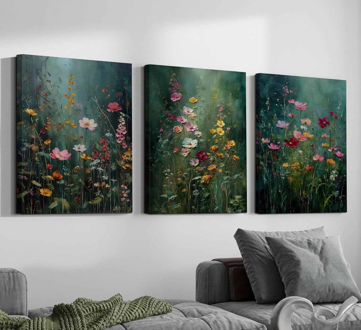 lianyibo 3 szt. Ciemny Zielony Kwiatowy Obraz Ścienny Sztuka Wildflowers Plakaty Vintage Nature Rustic Botanical Flowers Pictures (20x30x3/Inner Frame)