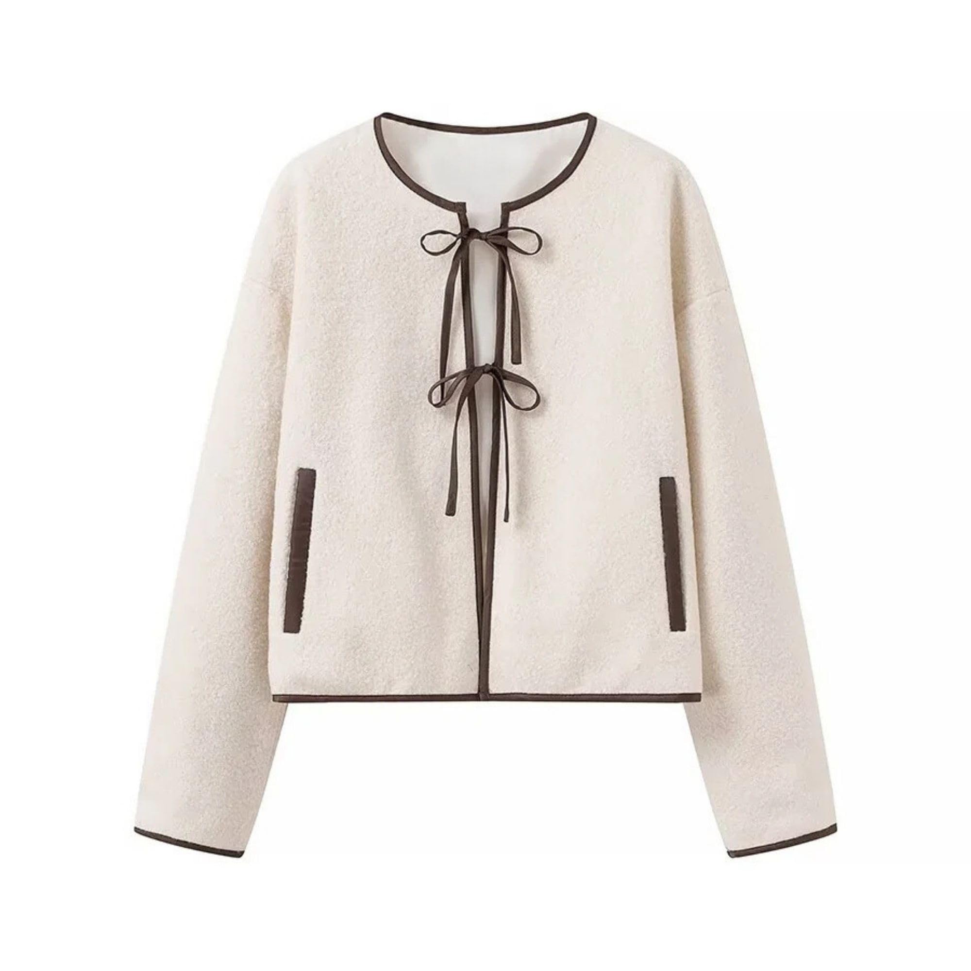 FindThy Womens Bow Tie Front Cardigan Stylish Crewneck Long Sleeve Fuzzy Faux Fur Teddy Jacket Outerwear