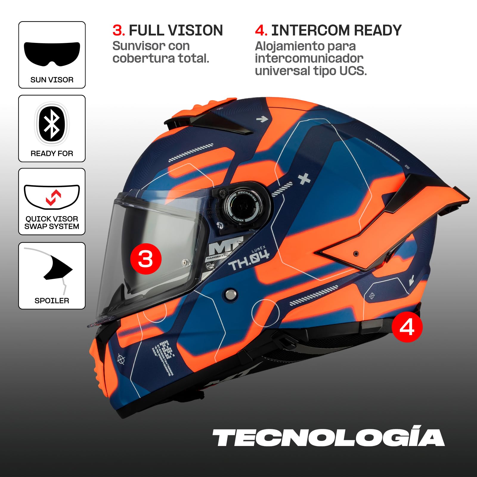 MT Helmets Thunder 4 SV – Casco Moto Integral con Visor Solar Full Vision, Pantalla Antivaho Compatible con Pinlock, Interior Lavable y Calota HIRP | Homologado ECE 22.06 & DOT
