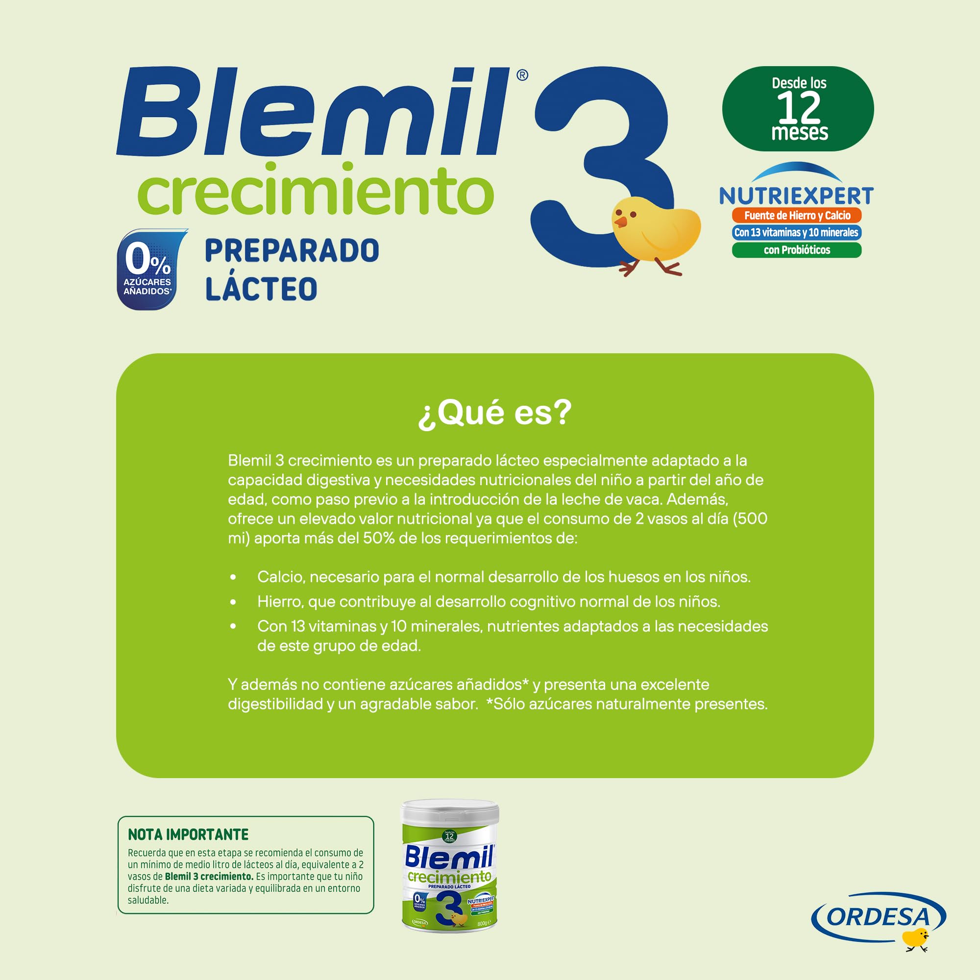 Blemil 3 Crecimiento 0% Azúcares Añadidos 800g Preparado Lácteo en polvo para Niños 1-3 Años