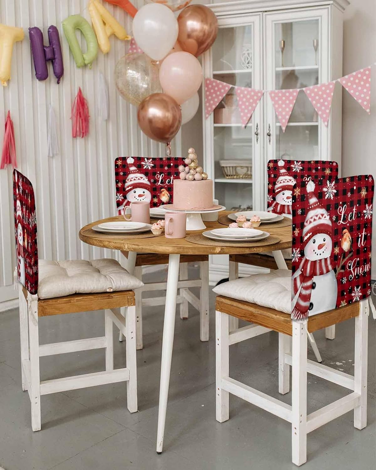 DecorLovee Red Plaid Snowman Christmas Chair Back Cover, Christmas Dining Chair Protector Covers, Xmas Snowflake Birds Chair Covers Removable Chair Slipcovers for Weeding Banquet Party 19"x20", 4 Pack