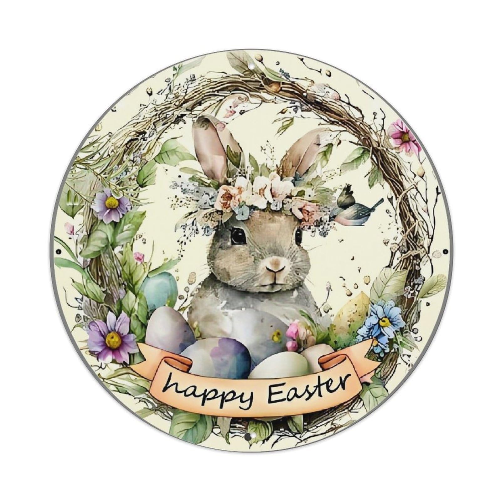 Easter Bunny Floral Wreath Eggs Retro Metal Sign Round Tin Sign, Vintage Decor Art Poster for Bar, Home, Man Cave, Kitchen, Laundry Room Gift 8x8Inch