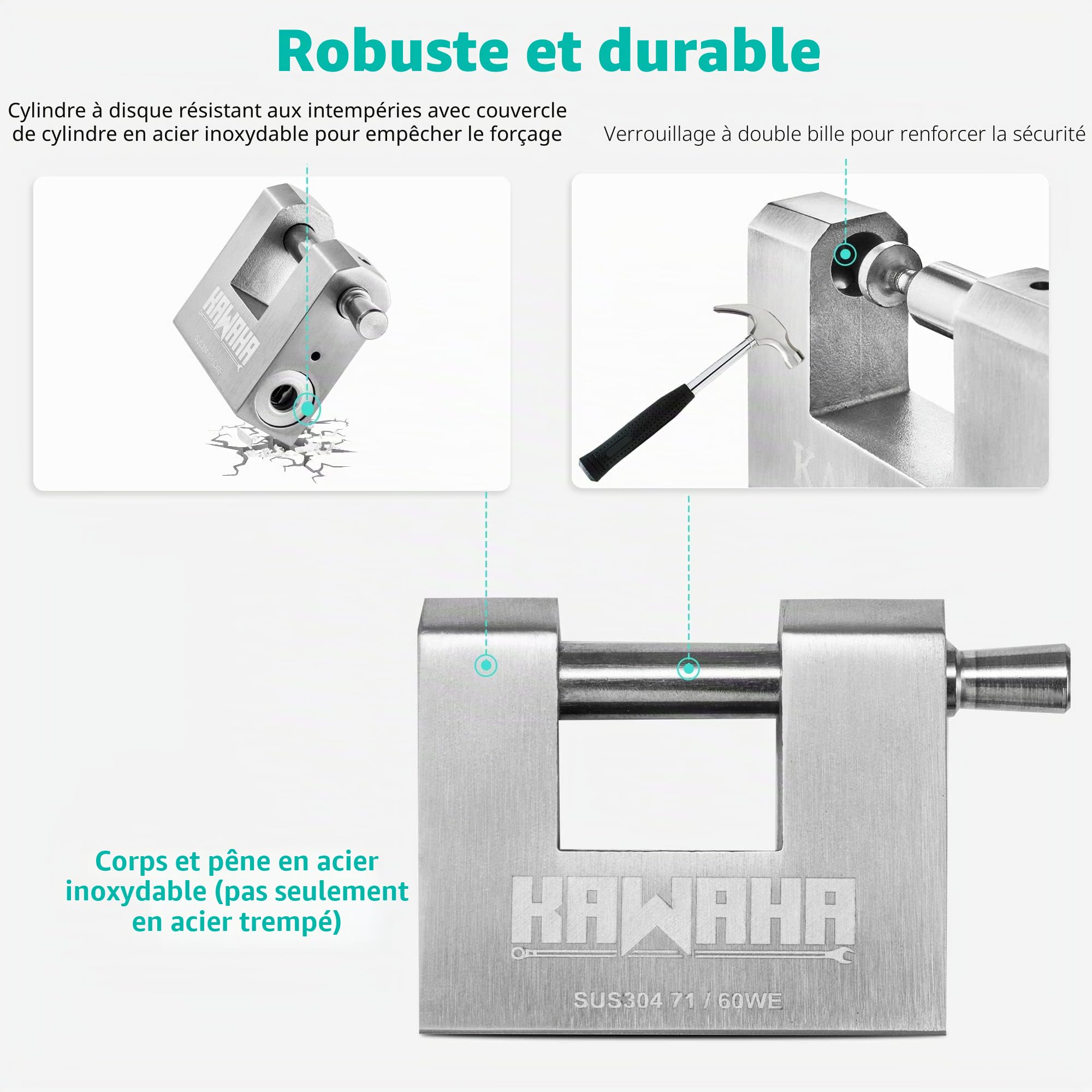 71/60KD-5SK Cadenas en acier inoxydable en forme de D, robuste, avec clé pour portail de garage, conteneur, remise et entrepôt (6,4 cm, différentes clés, 5 clés en acier inoxydable)
