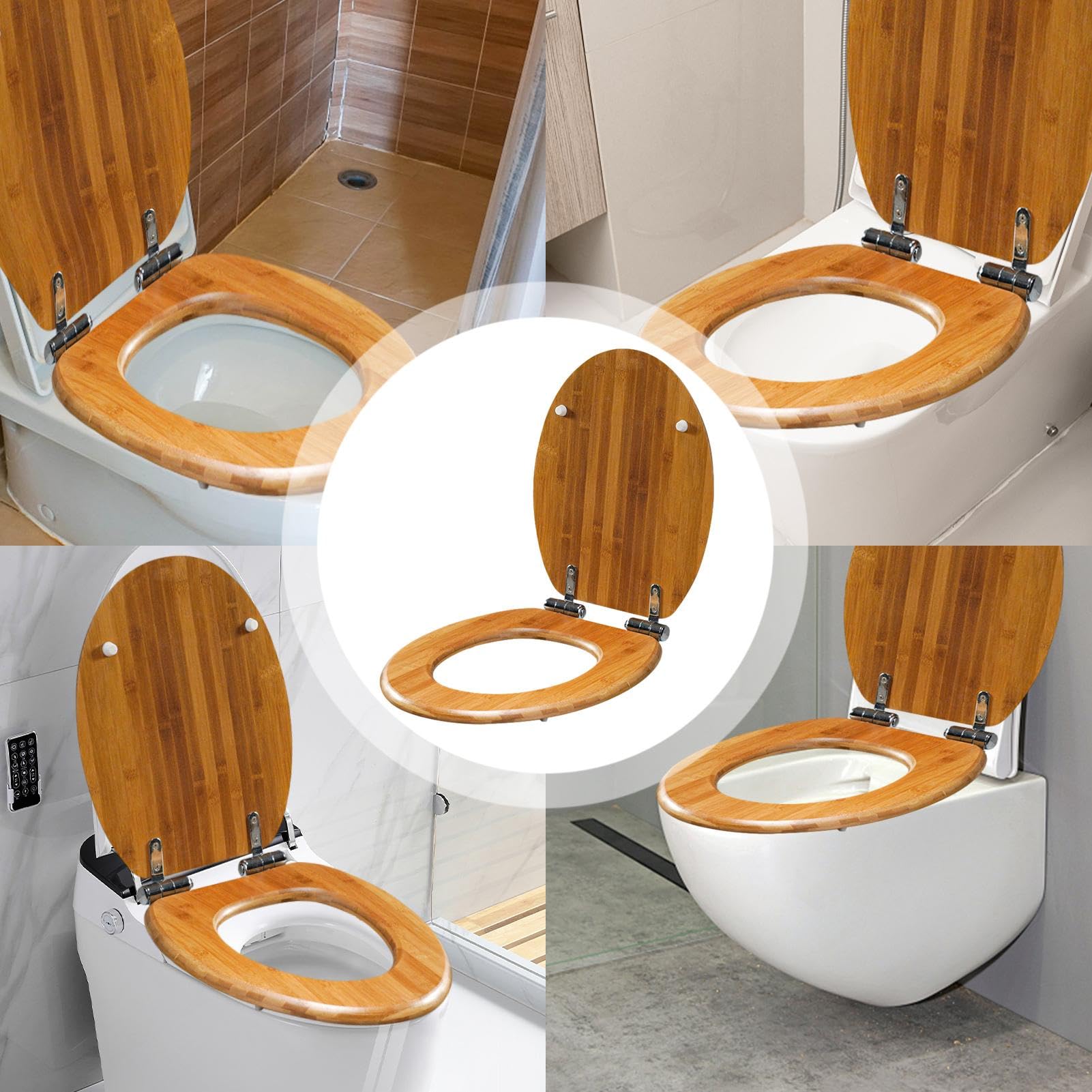 Asiento de inodoro ovalado de madera, moldeado con bisagras de acero | inoxidable, tapa de cierre, función lenta, asiento de baño cómodo y duradero para inodoros modernos, accesorios de higiene