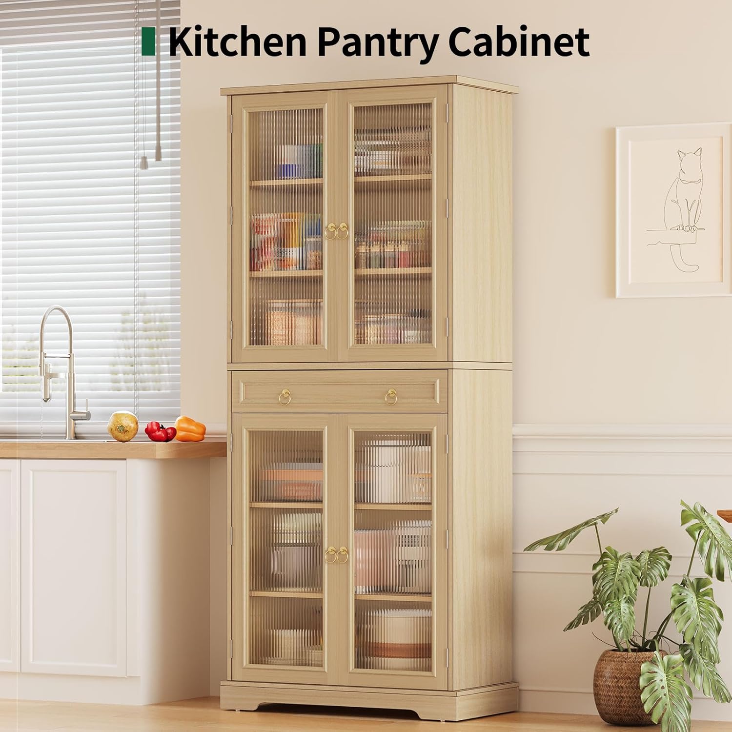 Kitchen Pantry Cabinet with Doors, 72" Tall Storage Cabinet with Adjustable Shelves, Wood Food Kitchen Pantry, Solid Freestanding Cupboard Display Cabinet for Dining Room Living Room