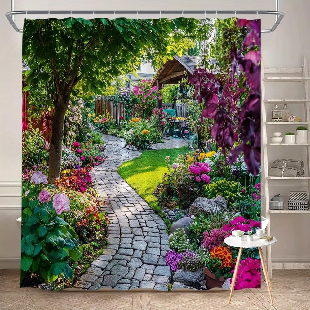 IHHGNB Garden Path Shower Curtain Flower Garden Landscape Nature Scene Printed Shower Curtain for Bathroom Machine Washable(150x200cm(59x79in)