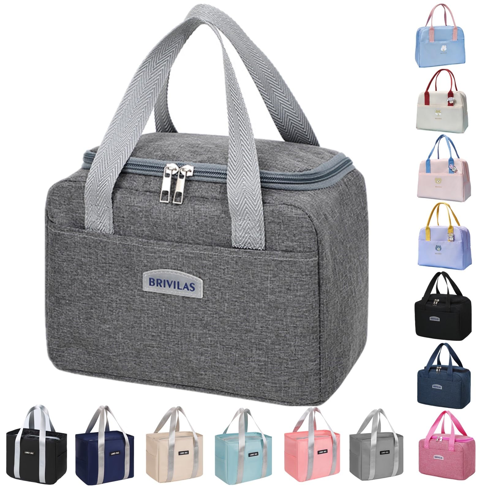WUWYOUWL Lunch Bag, Cute Carton Insulated Lunch Box, Reusable Lunch Cooler Bags Waterproof Lunchbag Foldable Lunch Bag for Women, Men, Kids and Students Travel Picnic School (Grey)