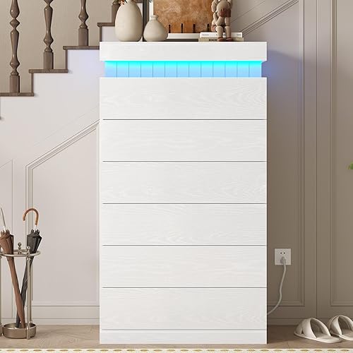 Miniatura 6 de Cómoda alta blanca de 6 cajones para dormitorio, espacio de almacenamiento con tapa deslizante, cómodas modernas de madera con luz LED y toma de 6
