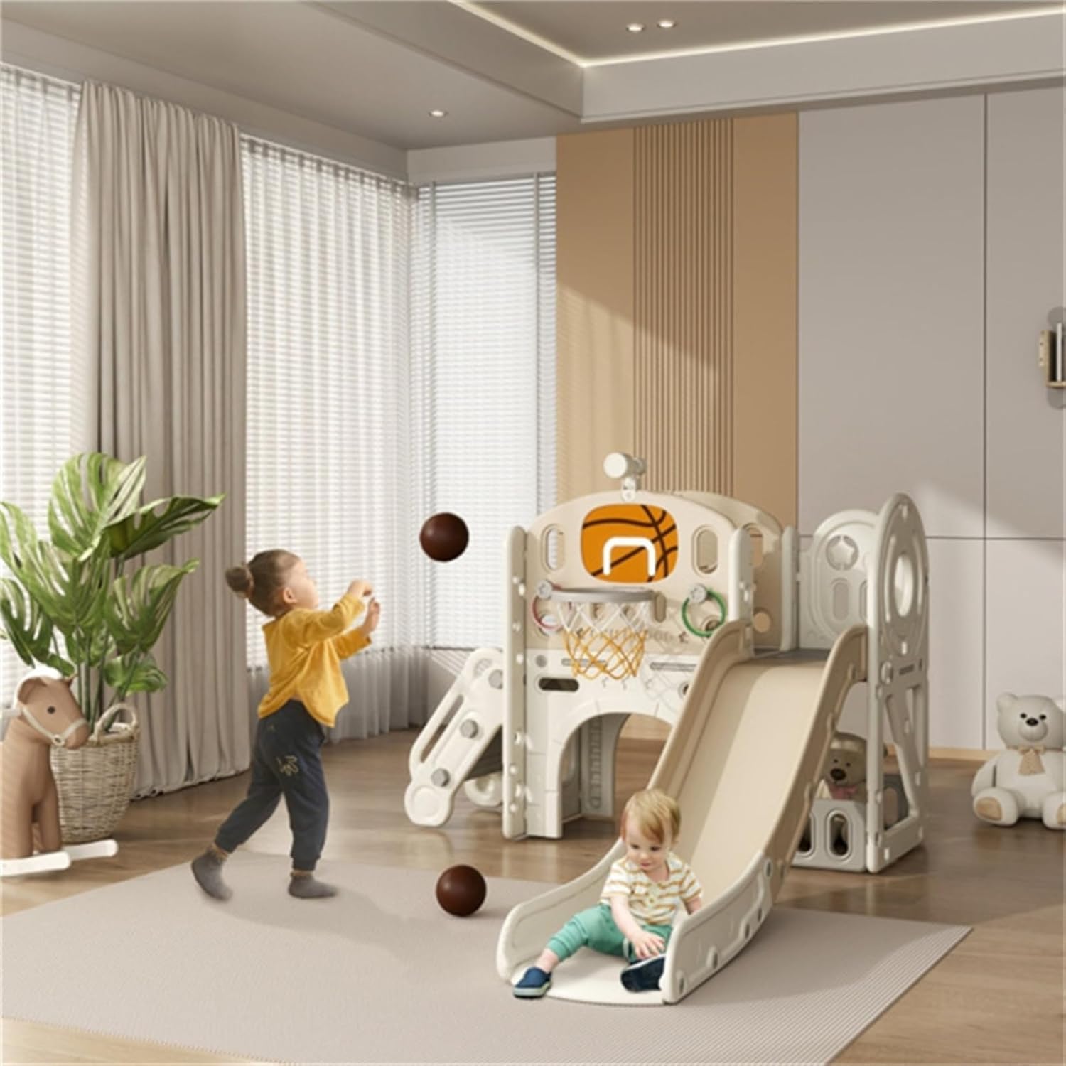 Children's Fun Slide Set with Tunnel Basketball Hoop Children's Slide Children's Indoor and Outdoor Entertainment Facilities Suitable for 1-6 Years Old Cream White