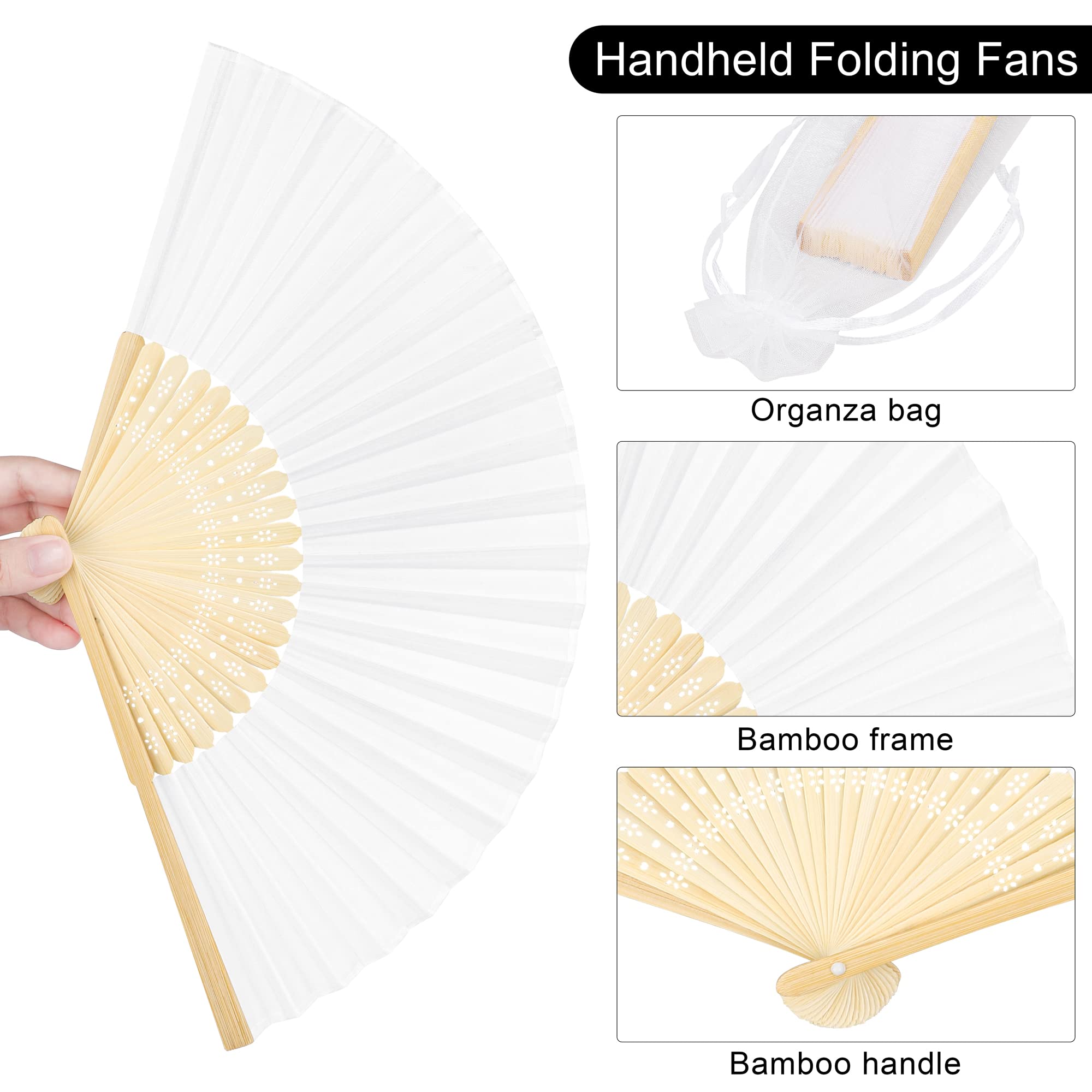 MCEAST 80 Stück Handfächer Seide Bambus Faltbare Handfächer Seidenstoff Faltfächer mit Organza-Beutel für Kirche Hochzeit Party Gastgeschenke Brautttanzen Requisiten Weiß