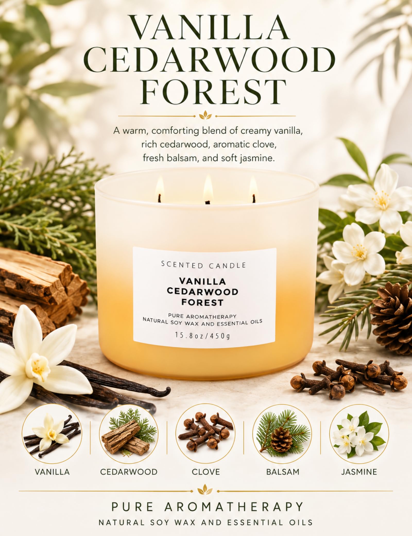 Duftkerze Vanille Zedernholz Waldkerze | 3-Docht große Soja-Kerzen 450 ml | Aromatherapie-Vanille-Kerze für Damen und Herren | warmer, holziger, gemütlicher Duft für Zuhause | langanhaltende, saubere