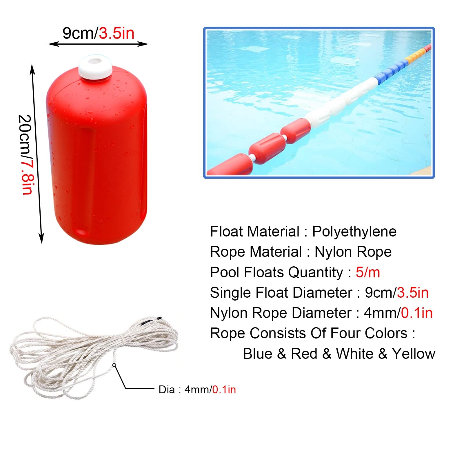 9cm Wide Pool Safety Rope for Dividing Swimlanes, Commercial Race Lane Marker Buoy Line for Competition Training with 2 Hooks, 1m/2m/3m/4m/5m/6m/7m/8m/9m/10m/12m/14m Long(14m/45.9ft/551.2in)