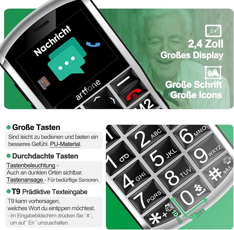 artfone A400 4G Idősbarát Mobiltelefon Nagy Gombokkal, Vészhívó Gombbal, Dual SIM, Asztali Töltőállvánnyal, 2.4" Kijelző