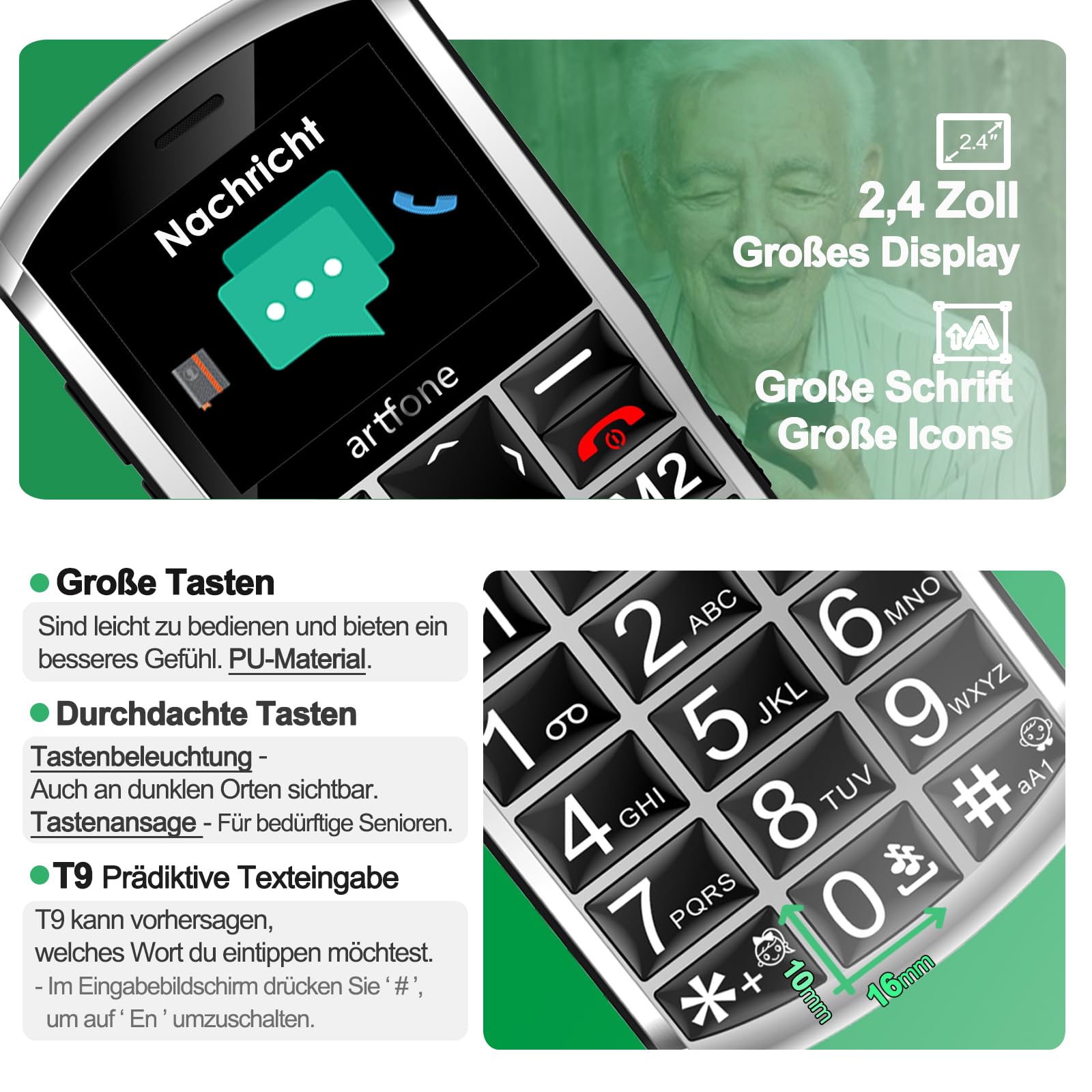 artfone 4G Volte - Teléfono móvil para personas mayores, sin contrato, teclas grandes, con botón de emergencia y batería de 1800 mAh, doble SIM con estación de carga de mesa, teléfono móvil sencillo