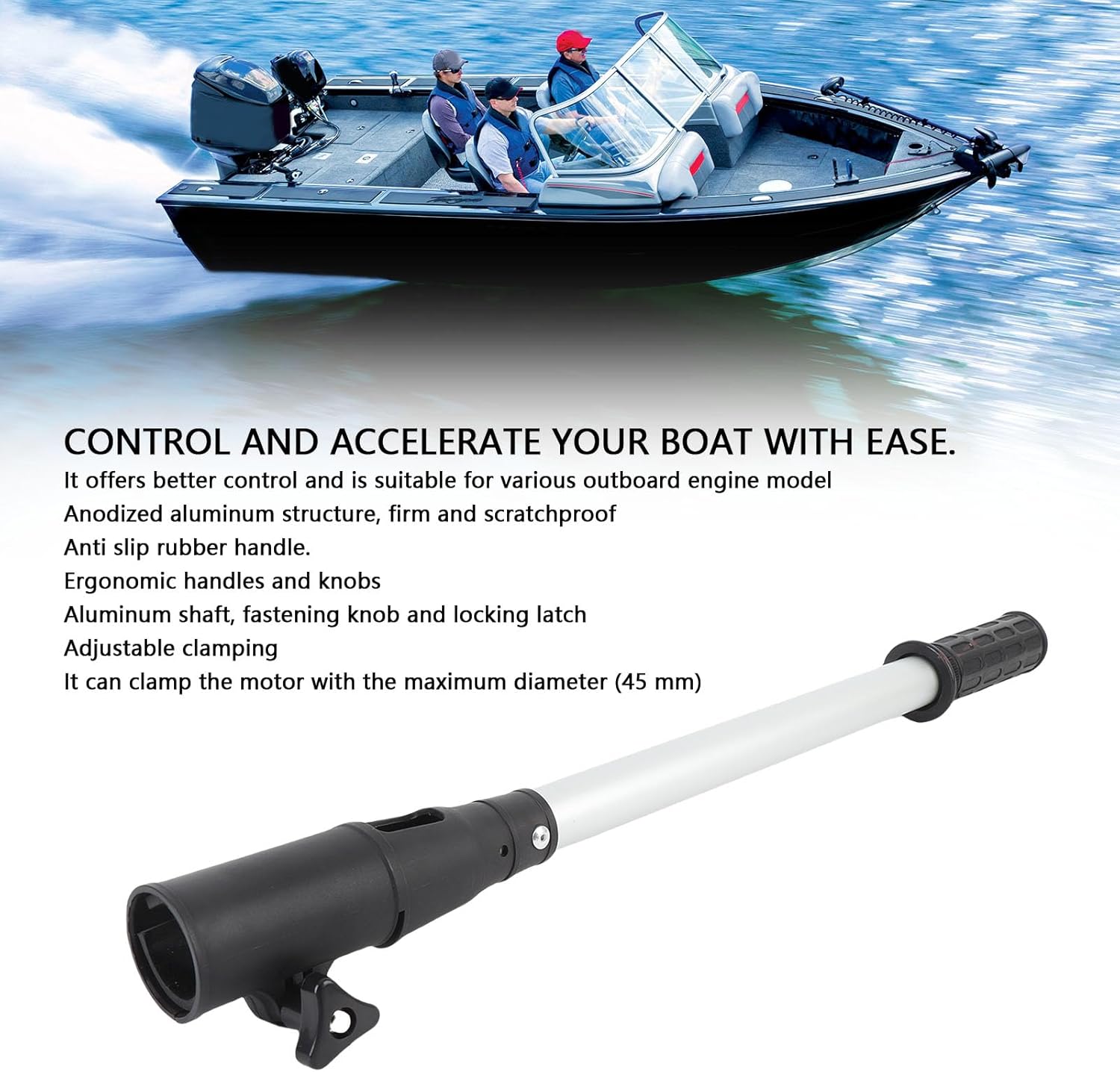 FOSA Tiller Extension Handle, Tiller Handle Extension Outboard Motor Extension 18.11in, Aluminum Shaft with Non Slip Rubber Grip for Most Outboard Motors Boats Kayaks