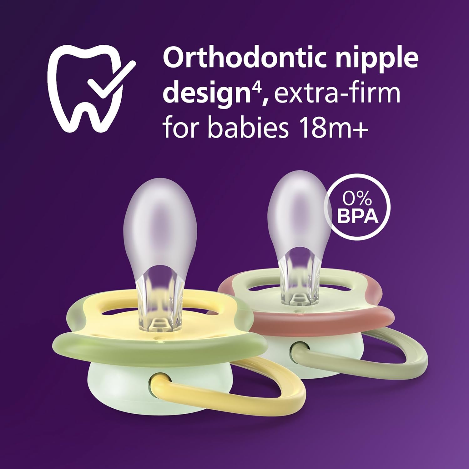 Philips Avent Ultra Air Nighttime Pacifiers - Orthodontic Design, for Babies 18 Months+, Glow in The Dark, Extra-Firm Silicone Symmetrical Nipple, BPA-Free, 2 Sterilizing Cases, 4 Pack, SCF376/38 - Image 3