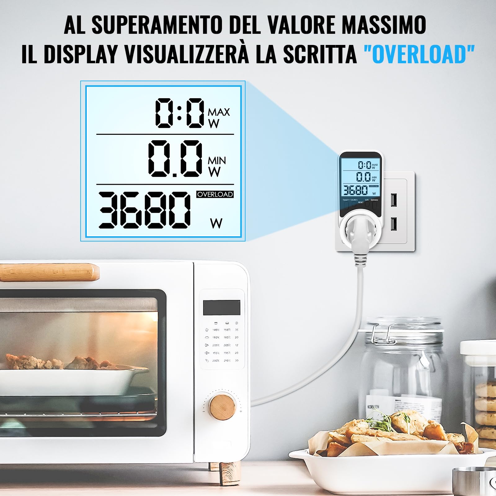 Misuratore Consumo Elettrico - Wattmetro Con Display LCD, Monitoraggio 7 Parametri, Allarme Sovraccarico 3680W - Foto 9
