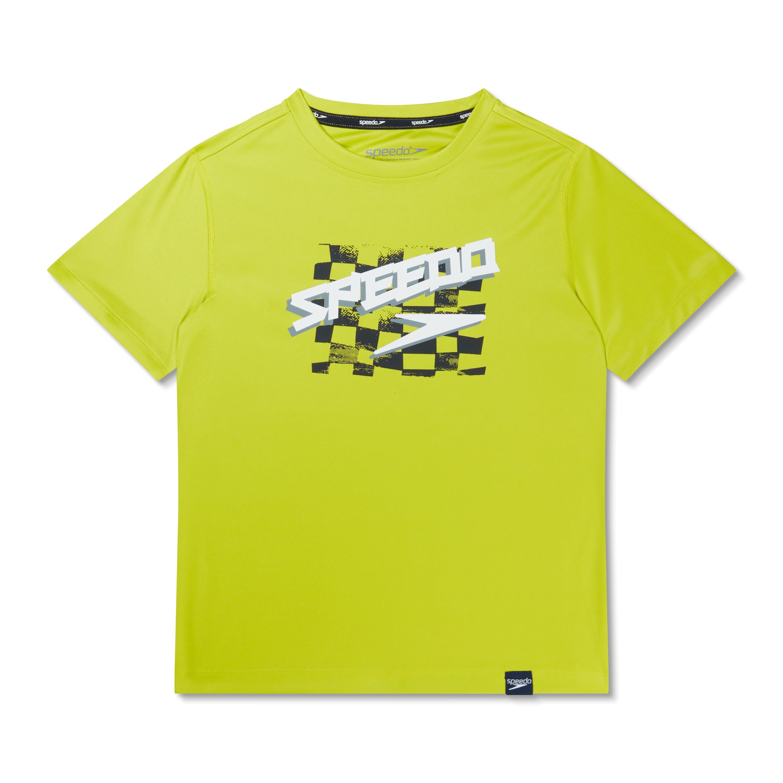 Speedo Boys' Standard Uv Swim Shirt Short Sleeve Tee Graphic, Checkered Bitter Lime