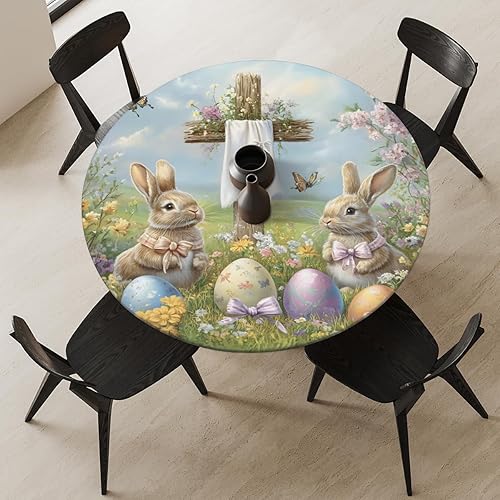 Vista 22 de cfpolar Mantel redondo ajustable de verano, hojas de palma tropical, borde elástico, mantel redondo lavable para uso en interiores y exteriores, se