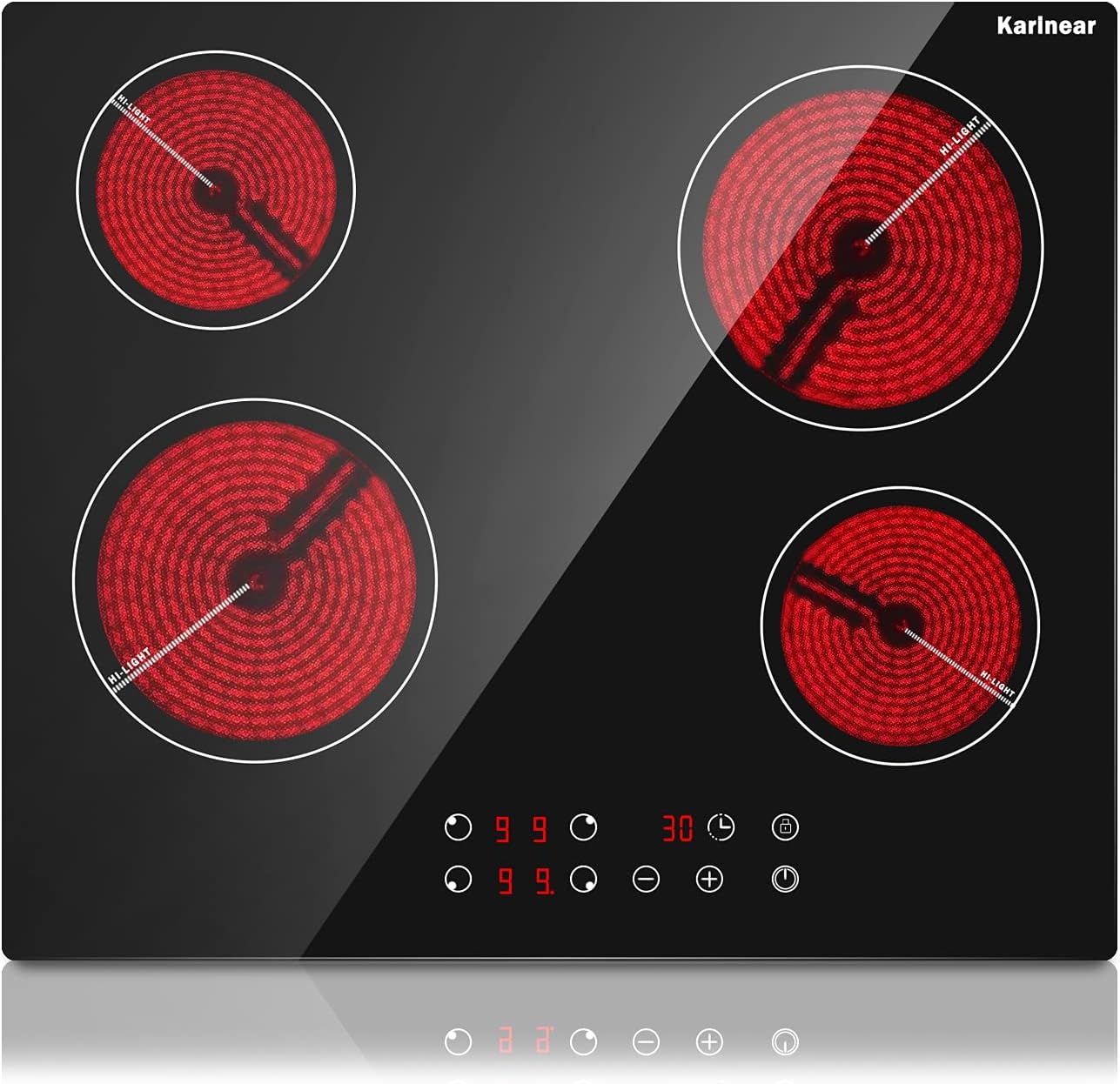 KarinearDrop-in 4 Burner Electric Cooktop 24 Inch Electric Radiant Cooktop, Electric Stove Top with Residual Heat Indicator, Child Safety Lock, Timer, 220-240V, 6000W, Hard Wire(No Plug)
