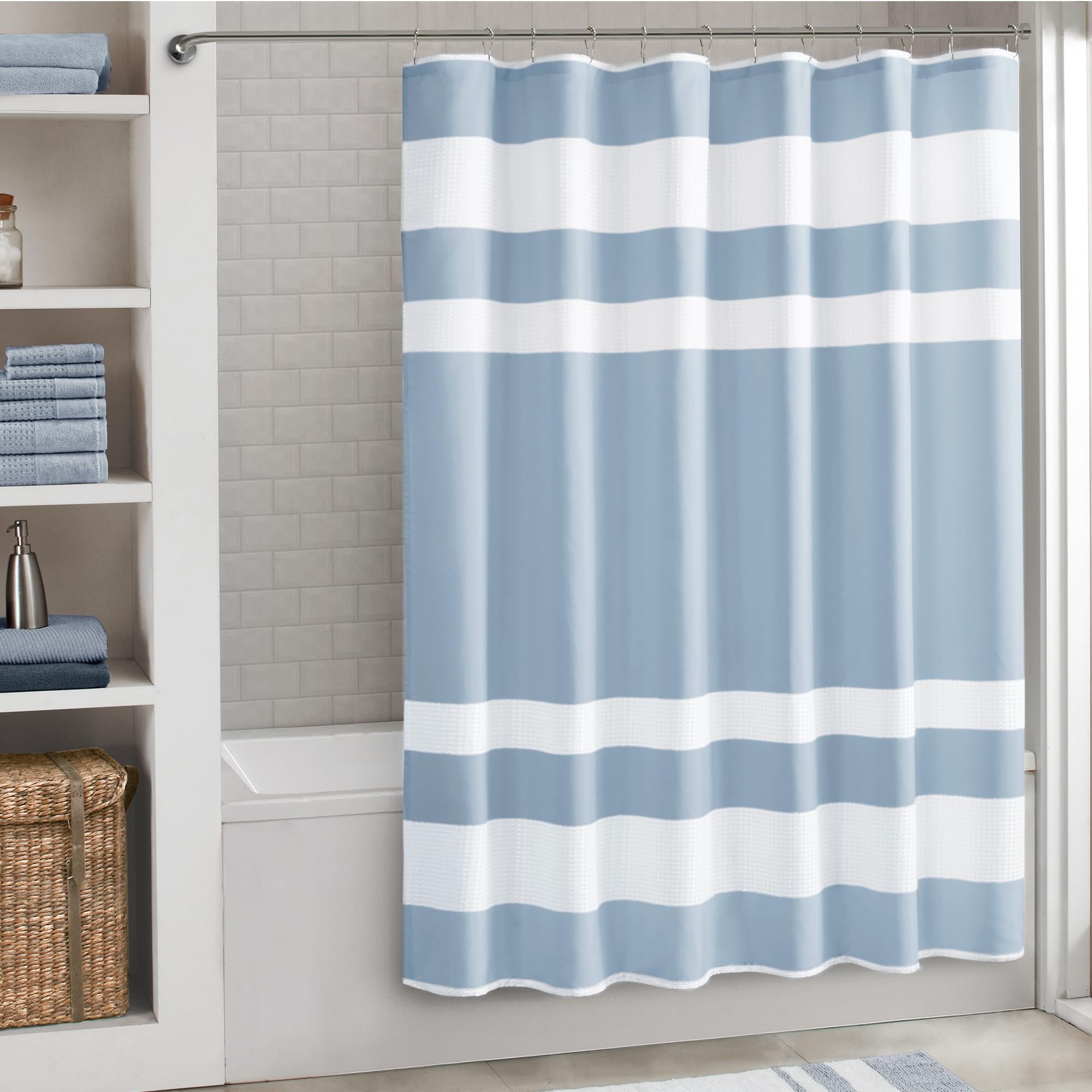 Madison Park Shower Curtain Spa Waffle Weave Long Shower Curtain for Bathroom 3M Scotchgard Moisture Management, Spa Quality Modern Shower Curtains for Bathroom, Long 72x78 Blue