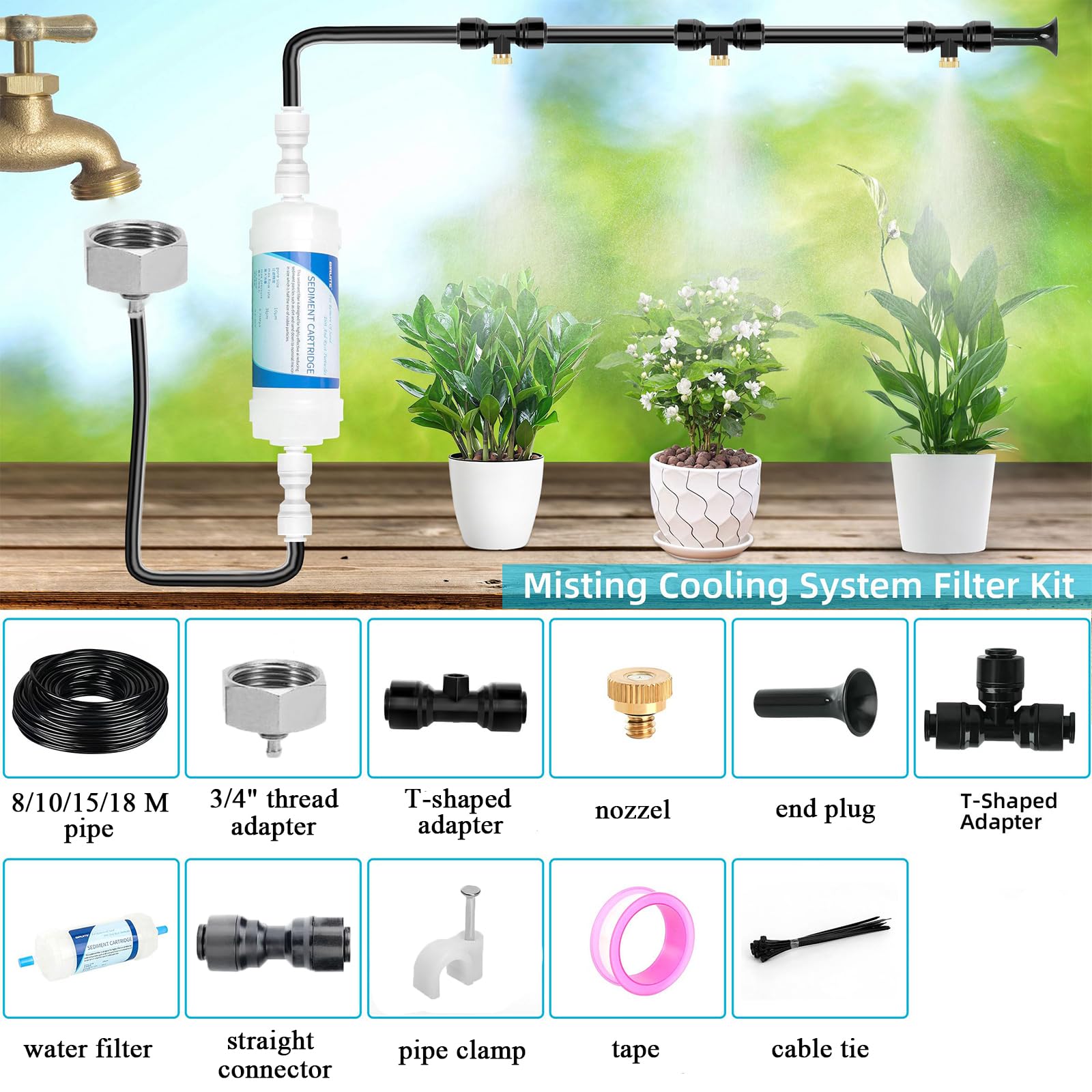 Sprühnebel Kühlung Terrasse | Sprühnebel Terrasse System, Wasser Vernebler Terrasse mit Wasserfilter, Dichtung,Messing-Nebeldüsen Terrassennebel für Kühlen von Außengewächshaus (10M)