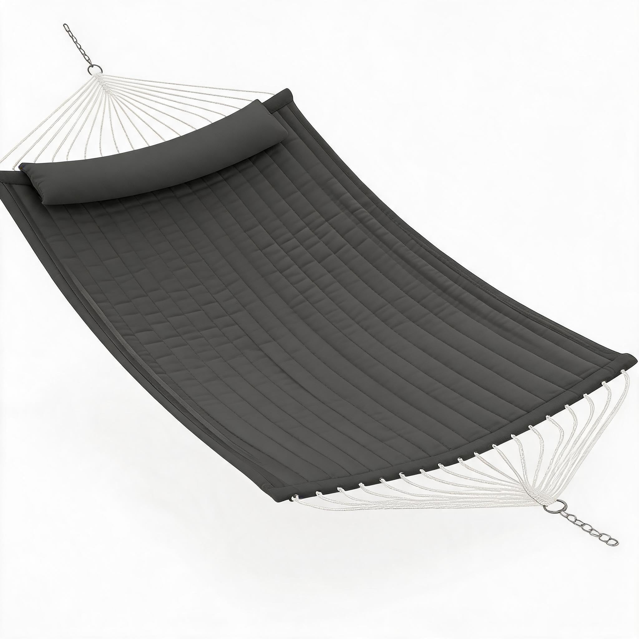Double Hammock with Stand Included, Quilted Wooden Spreader Bar 450LBS Pillow Steel Frame Foldable Indoor Outdoor Backyard Poolside Dark Gray