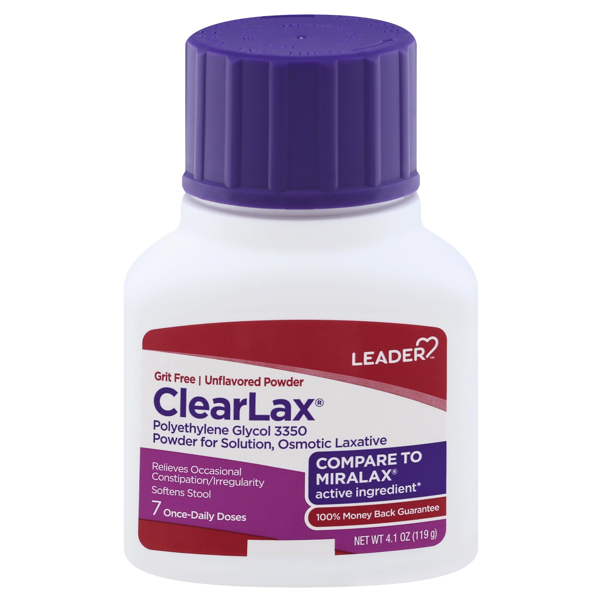 Leader ClearLax Osmotic Laxative Powder, Polyethylene Glycol 3350, Relieves Occasional Constipation, for Adults and Children 17+, Grit Free, Unflavored Powder for Solution, Compare to Miralax, 4.1 oz