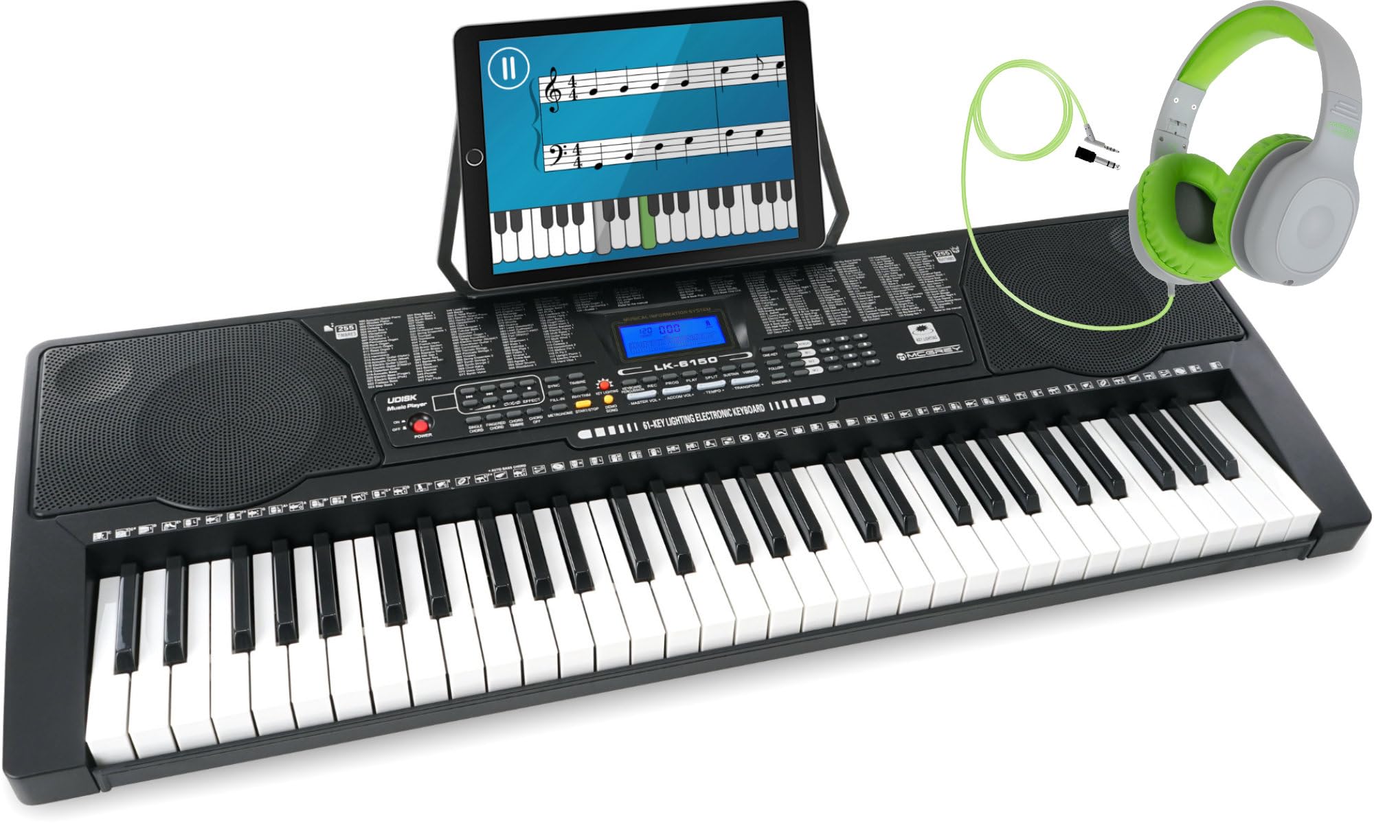 McGrey LK-6150 Leuchttasten Keyboard & Kinderkopfhörer Set - Einsteiger-Keyboard mit 61 Tasten - 255 Sounds und 255 Rhythmen - 61 Percussion-Sounds - 50 Demo Songs - integrierter MP3-Player - Schwarz