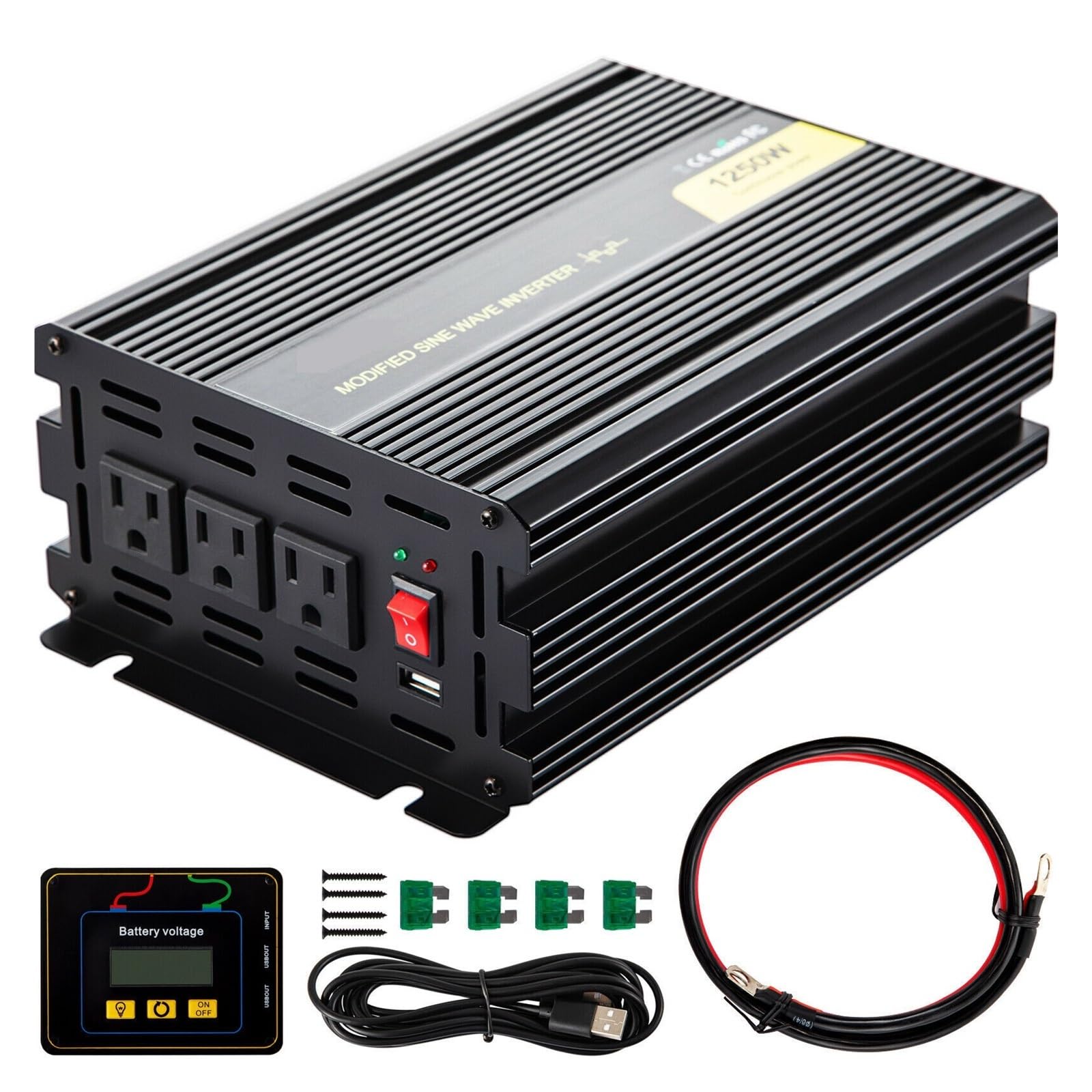 1250W-6000W DC12V DC24V DC36V DC48V to AC120V Modified Sine Wave Power Inverter for Car and Home Power Supply Outdoor Use (Color : Black, Size : 1250W DC12V AC120V)