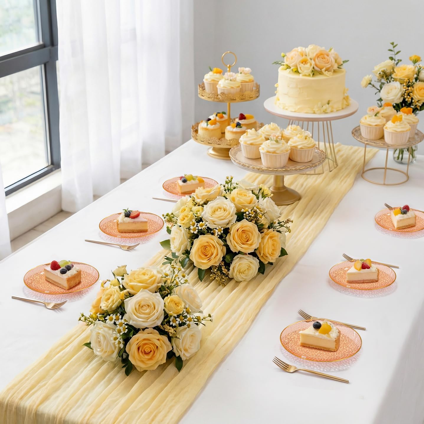 Rubtlamp 200Pcs Orange Plastic Dessert Plates, 6inch Easter Small Plates with Gold Rim,Orange Hammered Appetizer Plates with 100 Pcs Gold Forks, Fancy Salad Platos for Party Wedding Birthday Teatime