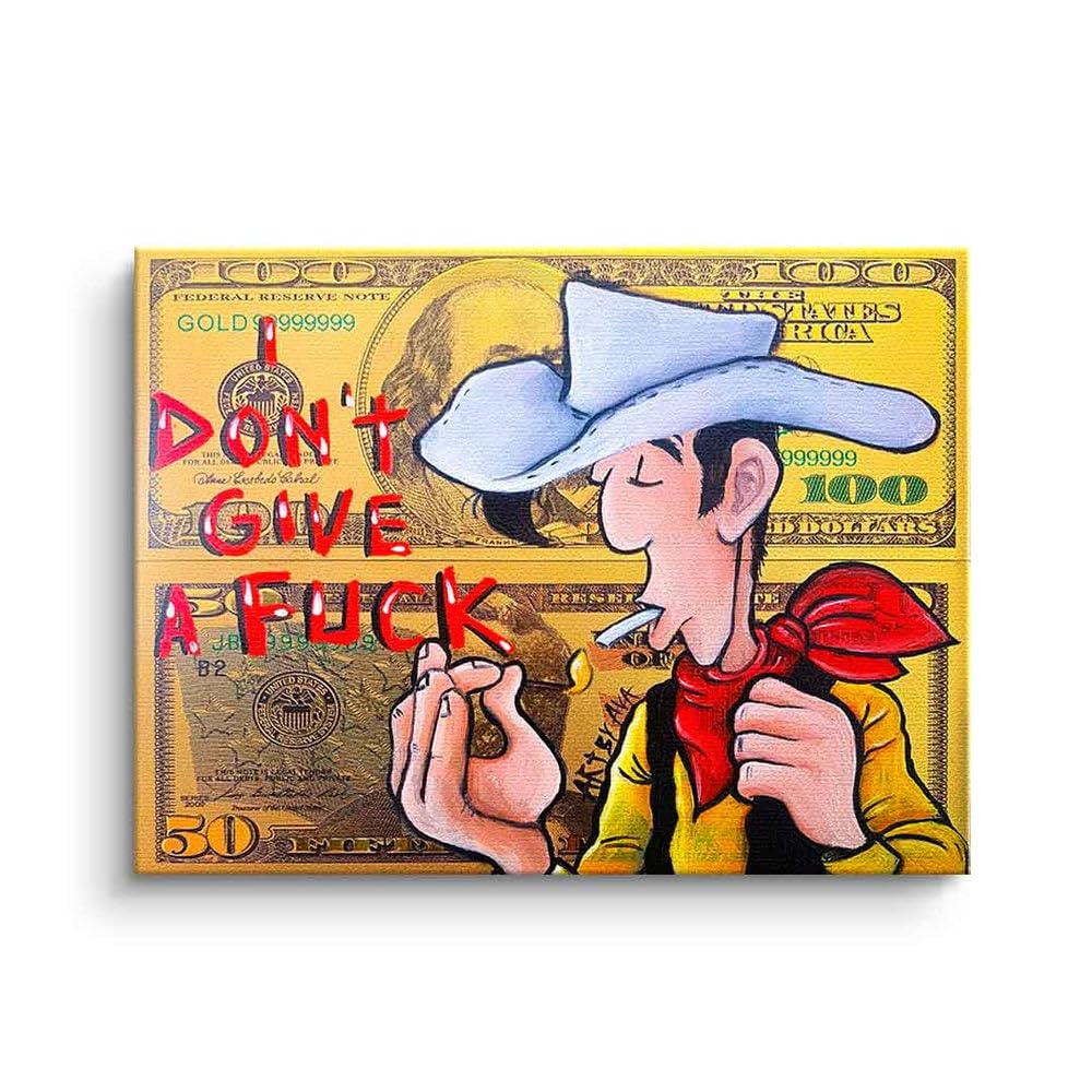 DotComCanvas Leinwandbild Lucky Luke Dollar Geld Comic Cartoon I don't give a fuck Größe 80 X 60 CM, Farbe Ohne Rahmen