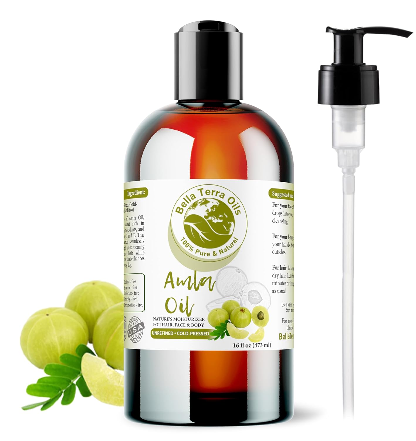 Bella Terra Oils - Organic Amla Oil 16 oz - Pure Organic Amlas Extract, Enriched with C&E-Vitamins & Omega Fatty Acids, Elevate Your Skin Care Regimen