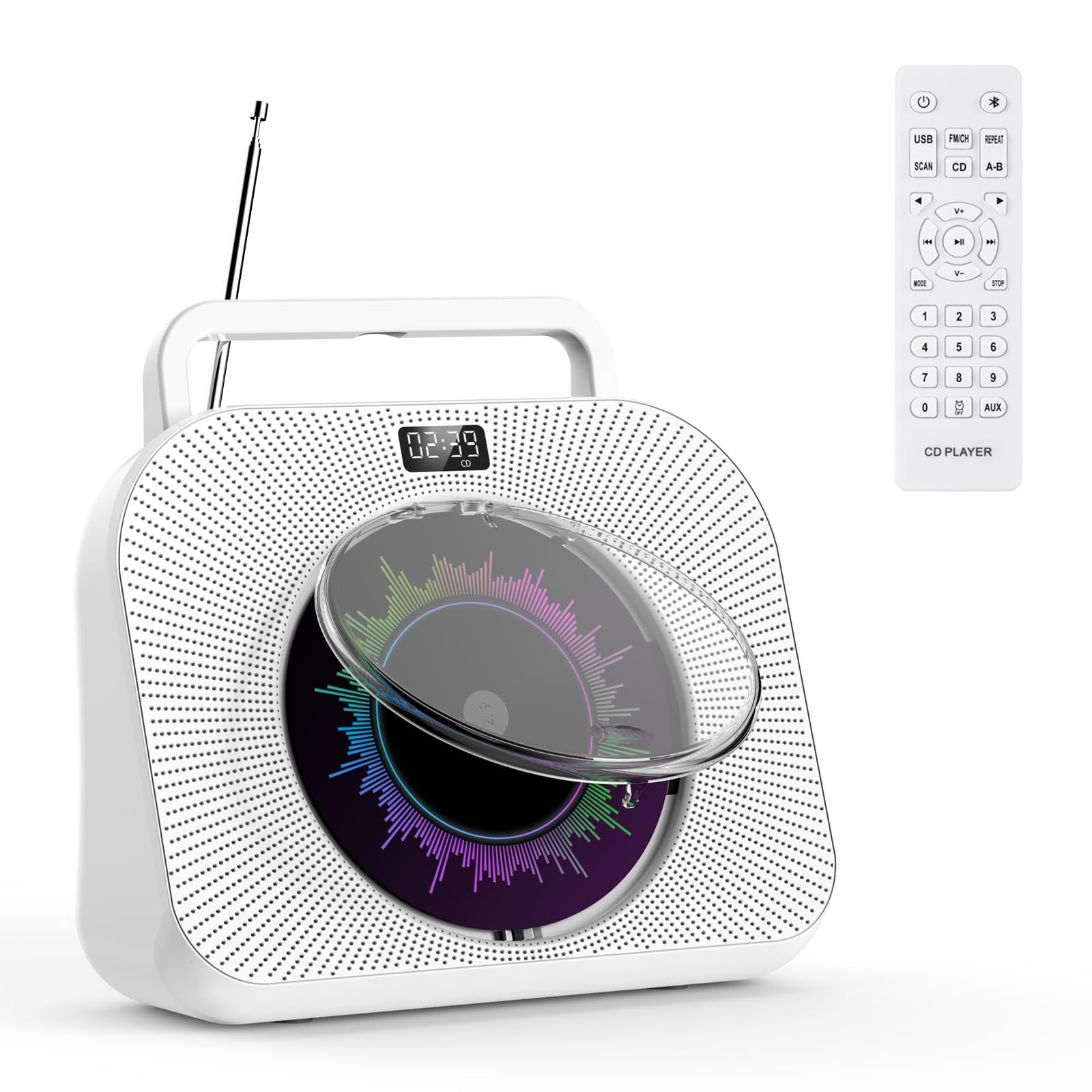 Lettore CD da tavolo Lettore CD Bluetooth con altoparlanti Lettori CD Supporto USB/Schede TF/AUX Riproduzione Sveglia Timer con telecomando Schermo antipolvere Presa per cuffie