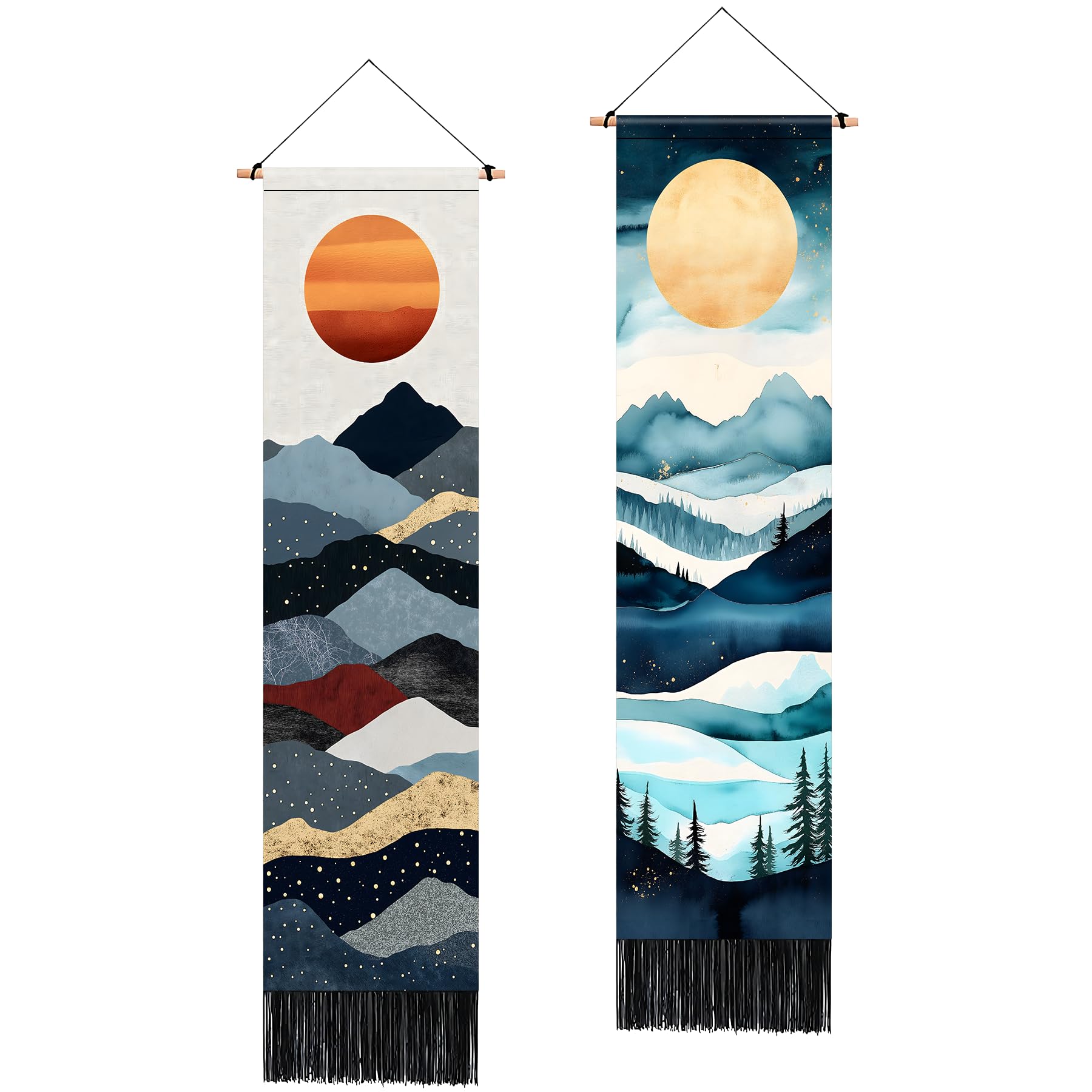 AOHMPT Pack of 2 Long Vertical Tapestry,Nature Landscape Tapestry with Serene Mountain River, Moon & Sun Motifs,Traditional Ink Painting Wall Art,Zen