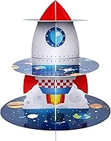 Vista 1 de Soporte para magdalenas espaciales, diseño de cohete para cumpleaños, 3 niveles, soporte de cartón para cupcakes, torre de postre estilo galaxia