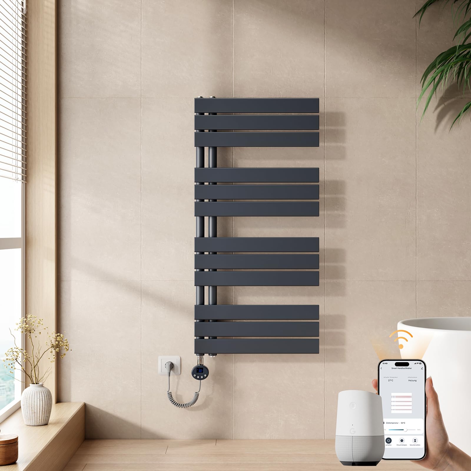 EMKE WiFi Handtuchheizkörper Elektrisch 1041x500 mm - Flach Badheizkörper Elektrisch, Elektrischer Handtuchwärmer Handtuchtrockner Handtuchheizung mit Thermostat und Heizstab - 600W, Anthrazit