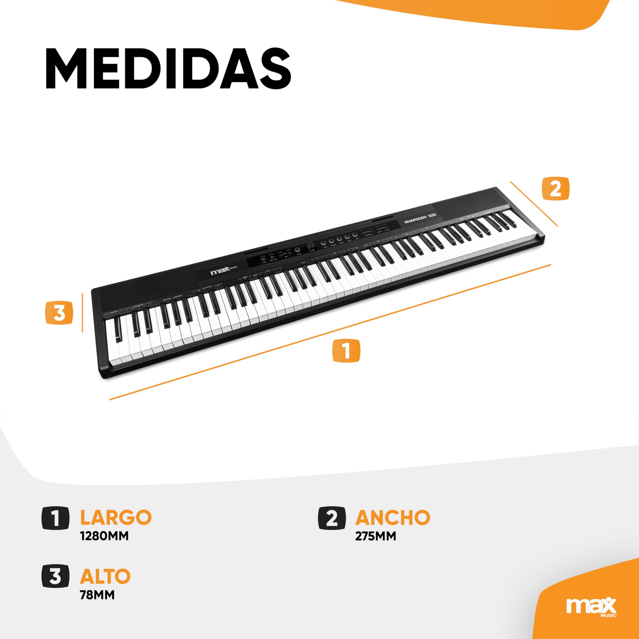 MAX Rhapsody DP88 Piano teclado digital de 88 teclas sensibles al tacto, altavoces estéreo, pedal sustain, 10 sonidos, ritmos, 26 canciones demo, efectos, conexión USB/Midi, soporte de partituras