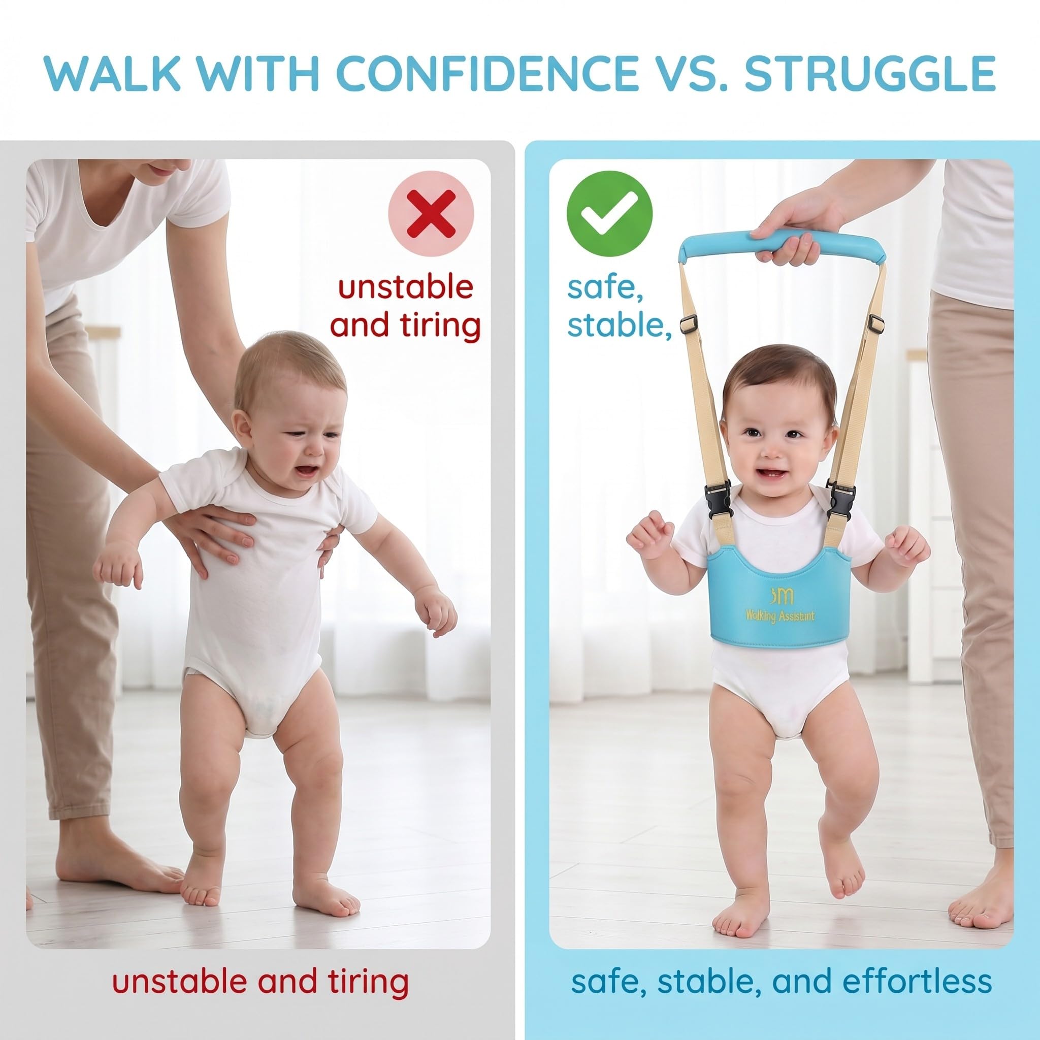Arnes Bebe para Caminar, Arnés de Seguridad Ajustable y Transpirable para Primeros Pasos, Asistente de Caminata Infantil con Hebilla de Seguridad para Bebés de 7-24 Meses