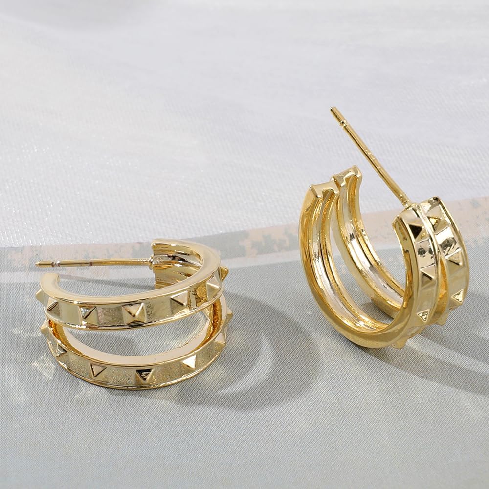 Gold Plated Huggie Hoop Earrings for Women, Vintage Flower Star Rose Heart Sunflower Huggie Hoop Earrings Cubic Zircon Square Diamond Enamel Large Hoop Dangle Earrings Jewelry Gift for Her - Image 3