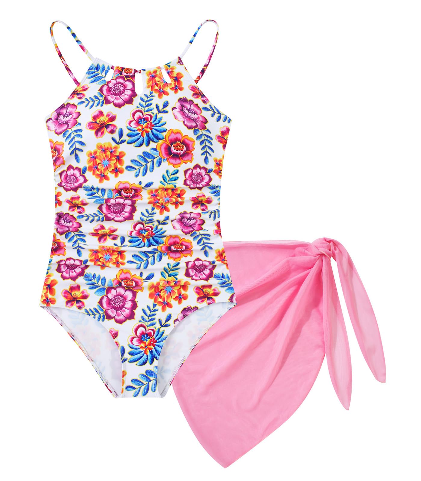 Girls One-Piece Swimsuit Bathing Suit with Cover Ups Size 7-16 | Adjustable spaghetti straps,Cut-out design, Removable chest pads, Swimwear for the beach, swimming pool, Hawaiian vacation