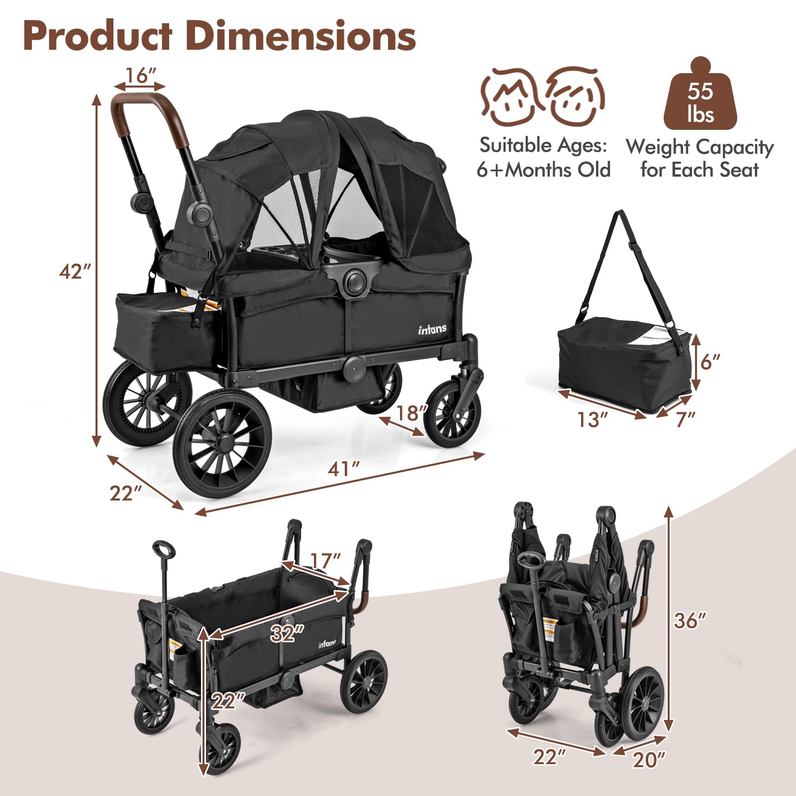 INFANS Wagon Stroller for 2 Kids, Collapsible Adjustable Push Pull Handle Bar - Image 9