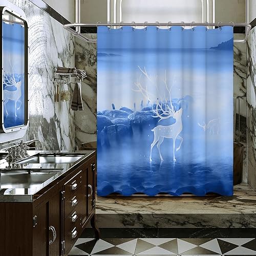 Miniatura 4 de Navy Blue Bathroom Sets with Shower Curtain and Memory Foam Bathroom Rugs and Non Slip U Shaped Toilet Rugs Shower Curtain Set 4 Piece for Perfect