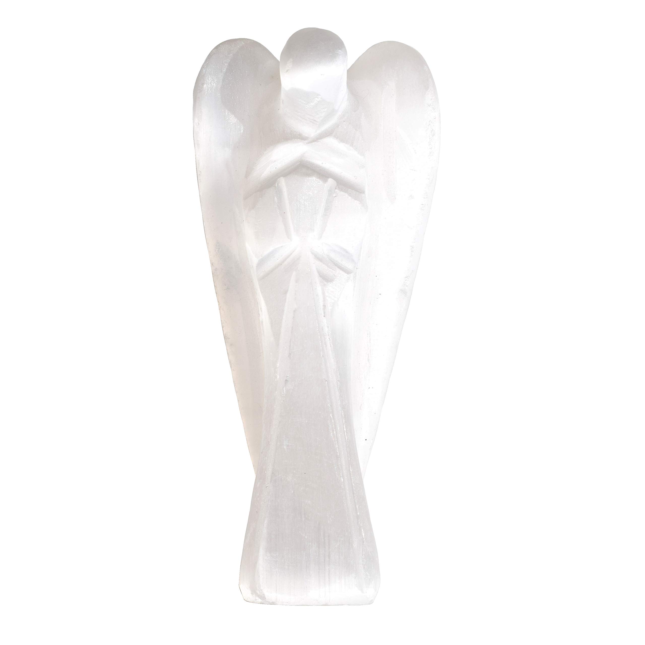 Zenergy Gems Selenite Angel Charged Hand Carved 2.25" Natural Selenite Crystal Pocket Guardian Angel + Selenite Pocket Puffy Heart Charger [Included]